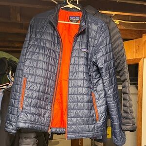 Patagonia Men's Nano Puff Jacket Dark Blue Puffer with Vibrant Orange Interior L